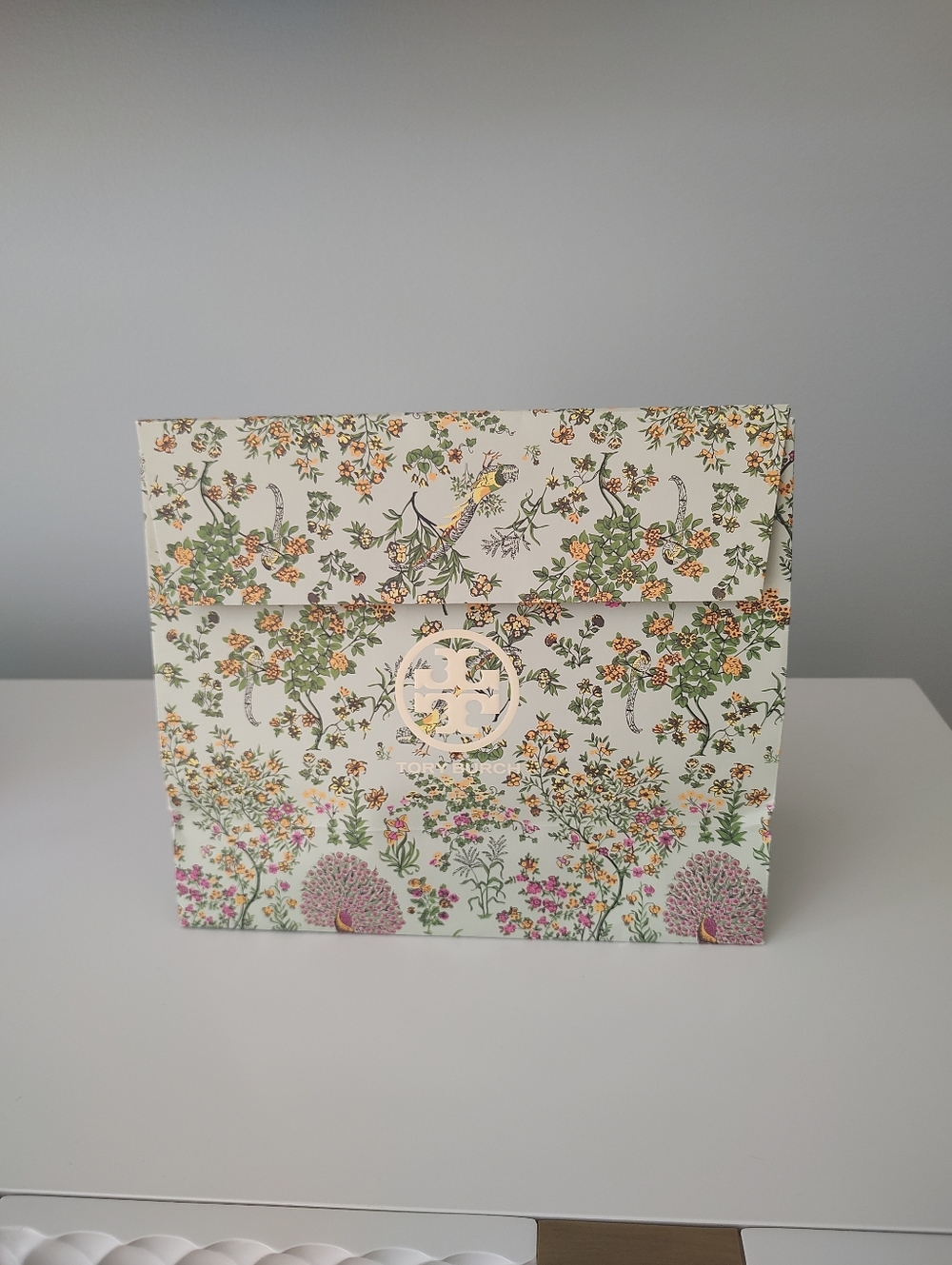 Tory Burch Floral Peacock Shopping Bag Gift Storage Triangle Top Hook And Loop